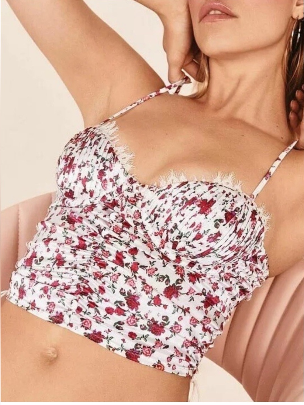 For Love & Lemons White Floral Ruched Cropped Camisole